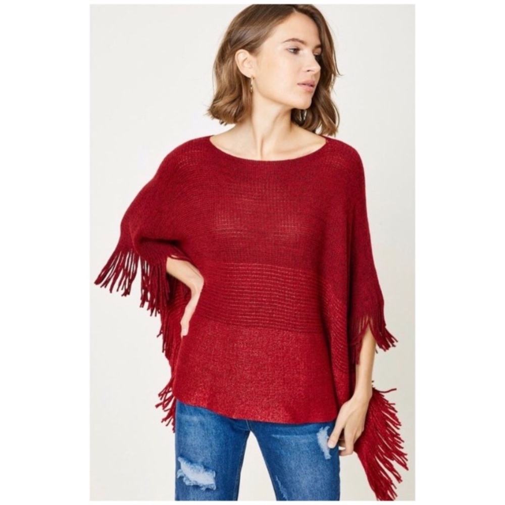 Wine Fringe Metallic Knit Poncho Sweater - Picture 4 of 4